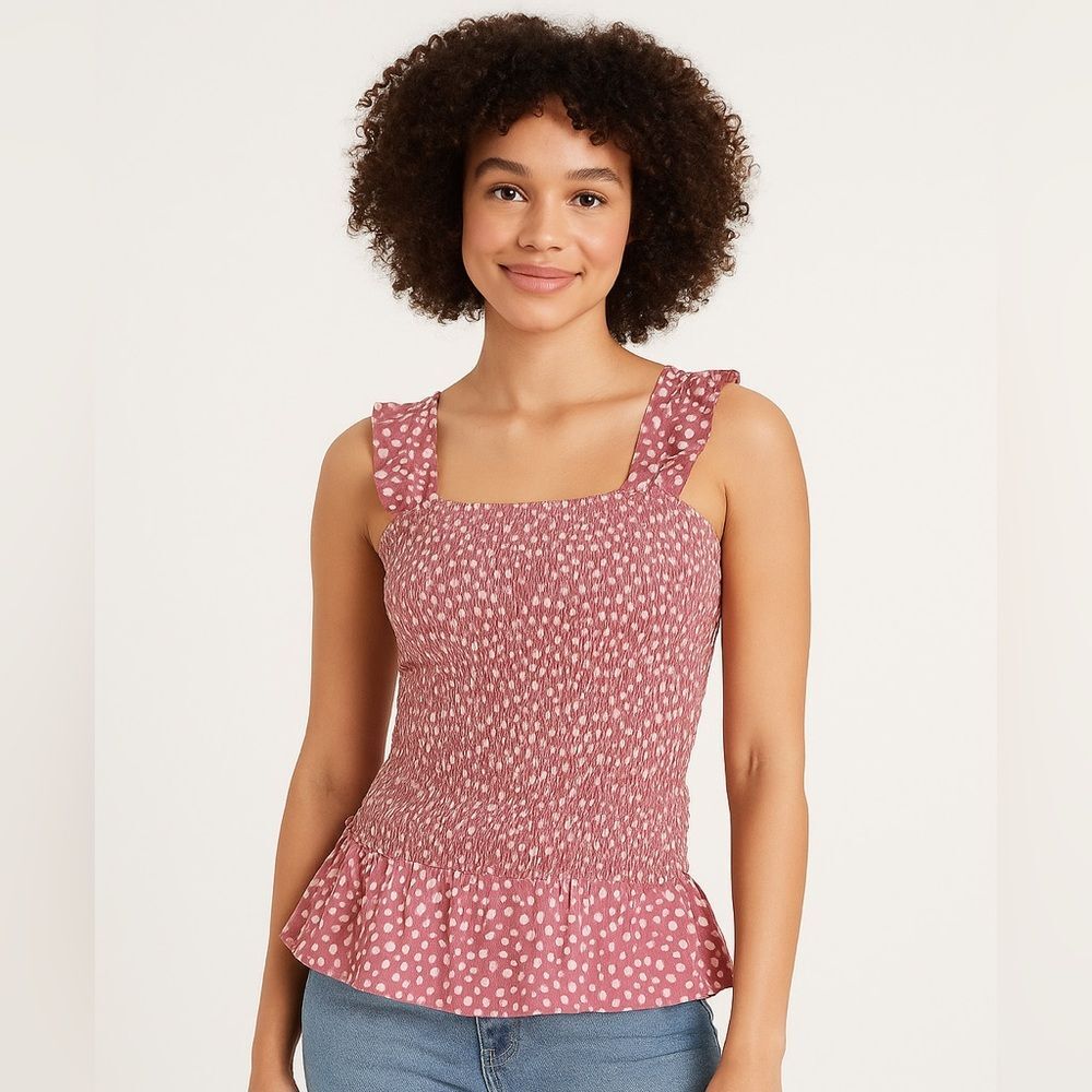 SHEIN Flocked Pink Floral Smocked Ruffle Tank Top | Size M